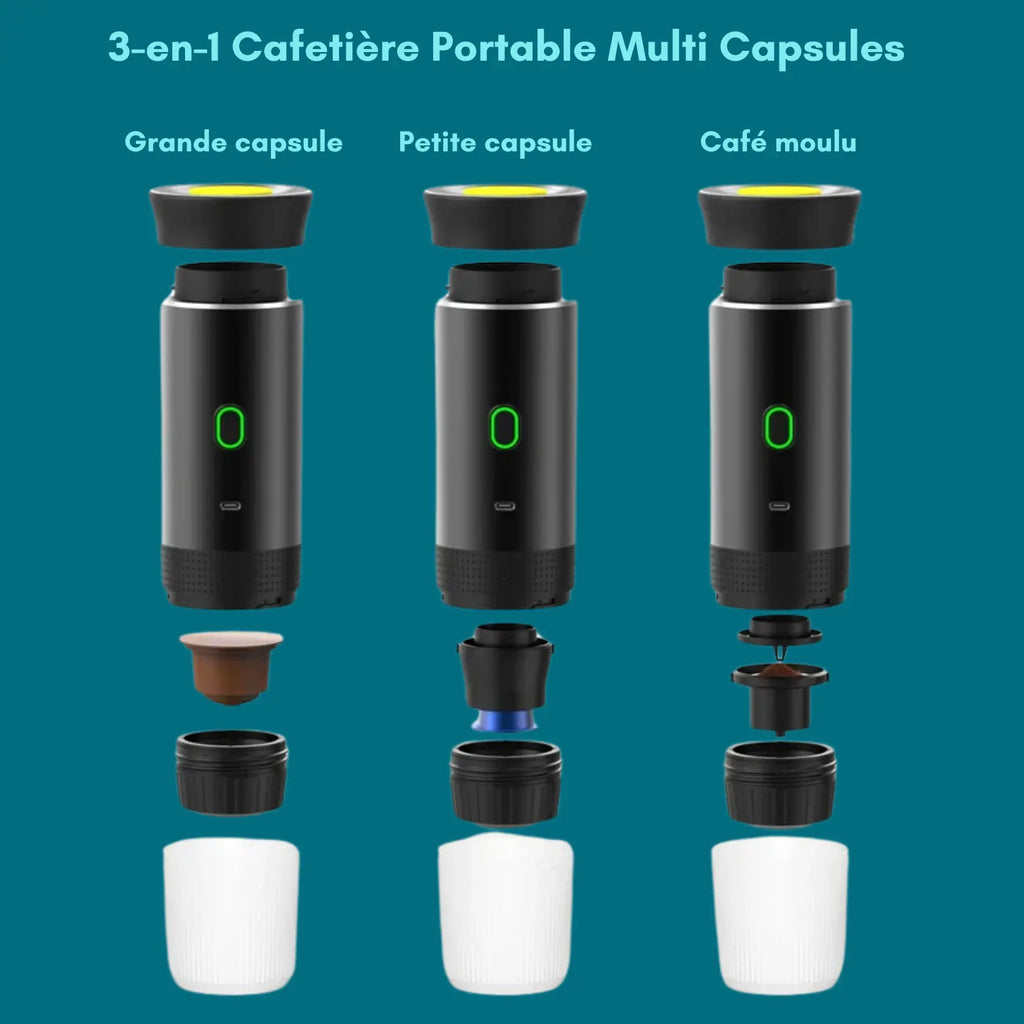 3 en 1 Cafetière Portable, Multi Capsules, 4 à 6 Minutes d'Auto-Chauffage, Petites Capsules, Grandes Capsules, Café Moulu Gadgetsdecooking